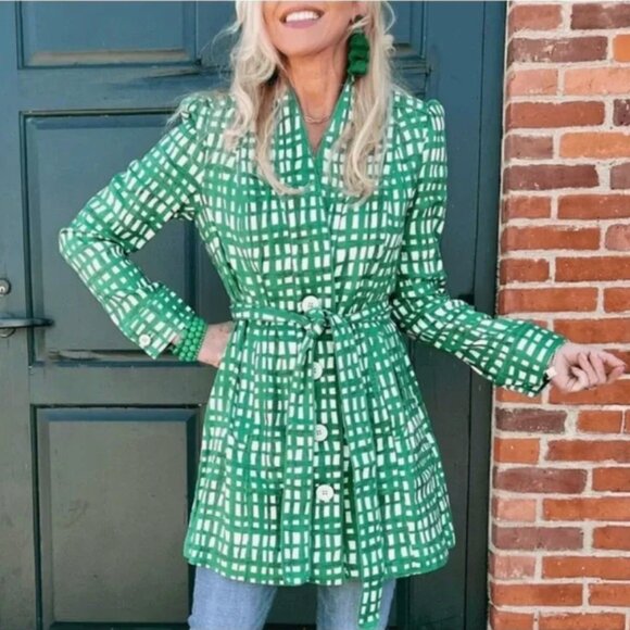 CAbi Jackets & Blazers - Cabi Circuit Jacket Green White Trench Coat Jacket Linen Blend Sz XS